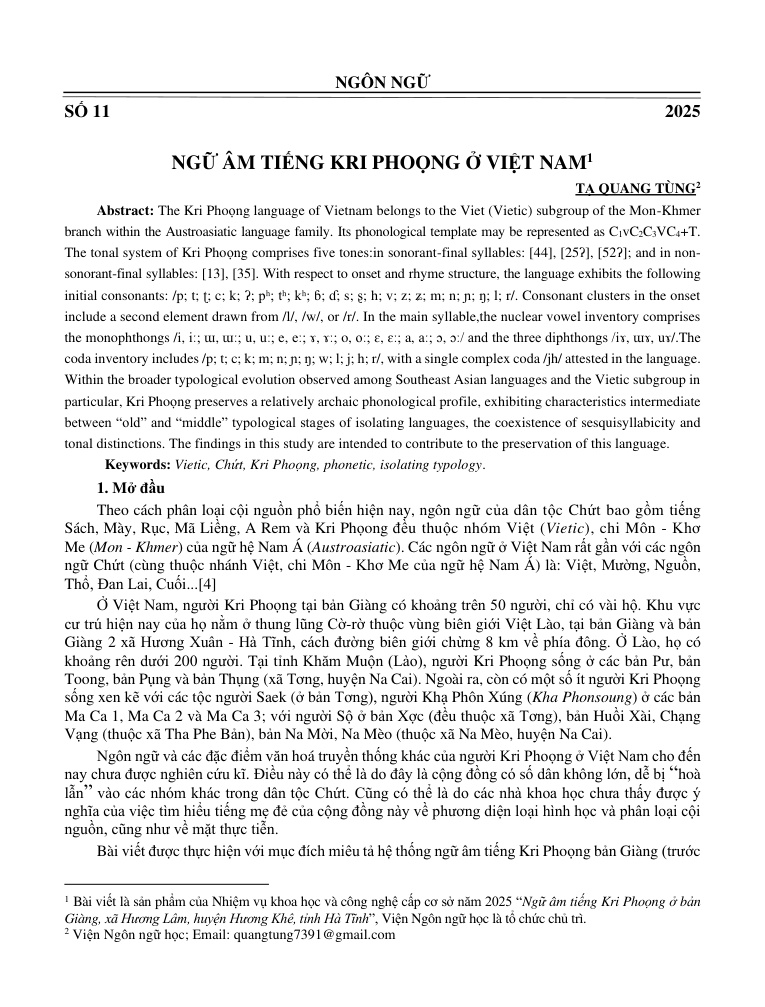 Ngữ âm tiếng Kri Phoọng ở Việt Nam