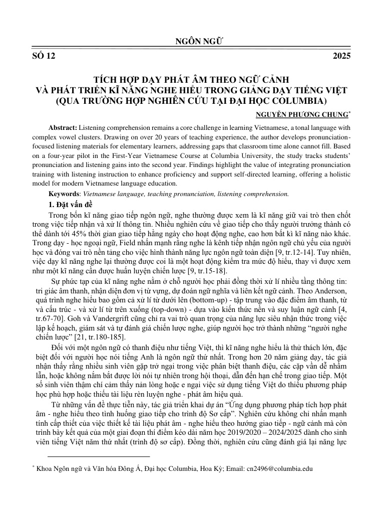 Tích hợp dạy phát âm theo ngữ cảnh và phát triển kĩ năng nghe hiểu trong giảng dạy tiếng Việt (qua trường hợp nghiên cứu tại Đại học Columbia)