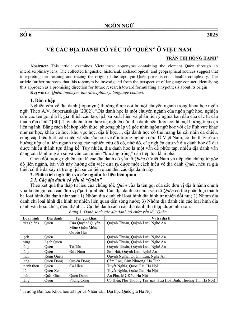 Về các địa danh có yếu tố “Quèn” ở Việt Nam