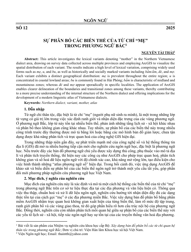Sự phân bố các biến thể của từ chỉ “mẹ” trong phương ngữ Bắc