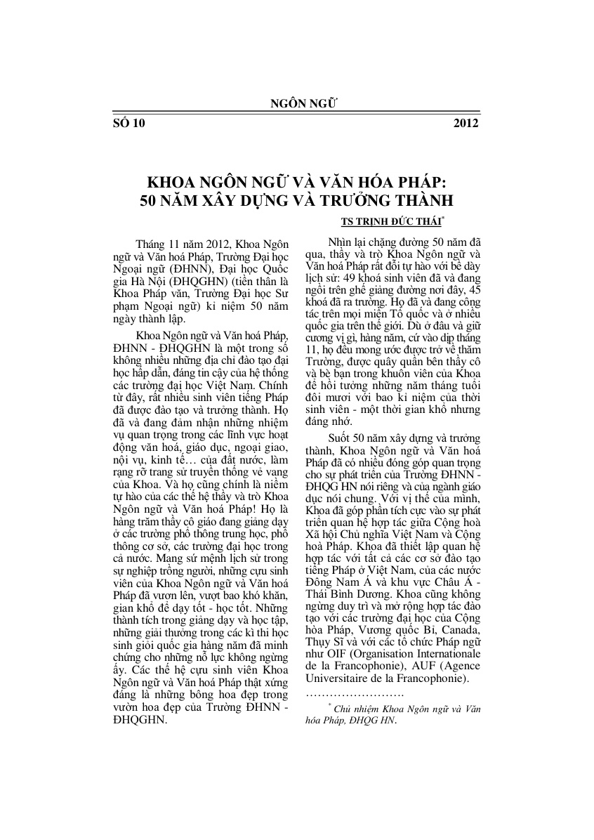 Khoa Ngôn ngữ và Văn hóa Pháp: 50 năm xây dựng và trưởng thành