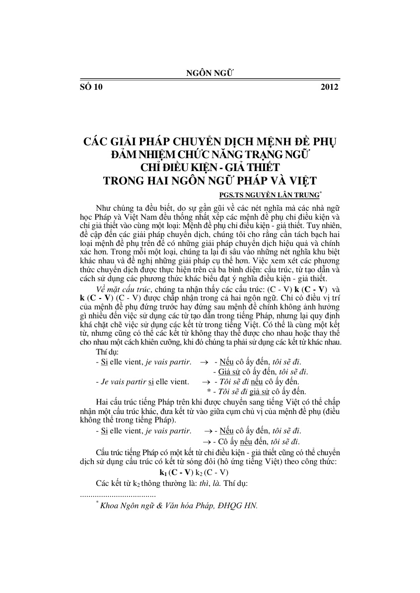 Các giải pháp chuyển dịch mệnh đề phụ đảm nhận chức năng trạng ngữ chỉ điều kiện - giả thiết trong hai ngôn ngữ Pháp và Việt