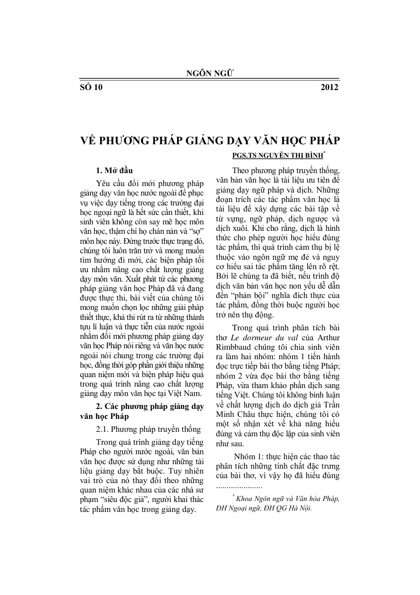 Về phương pháp giảng dạy văn học Pháp