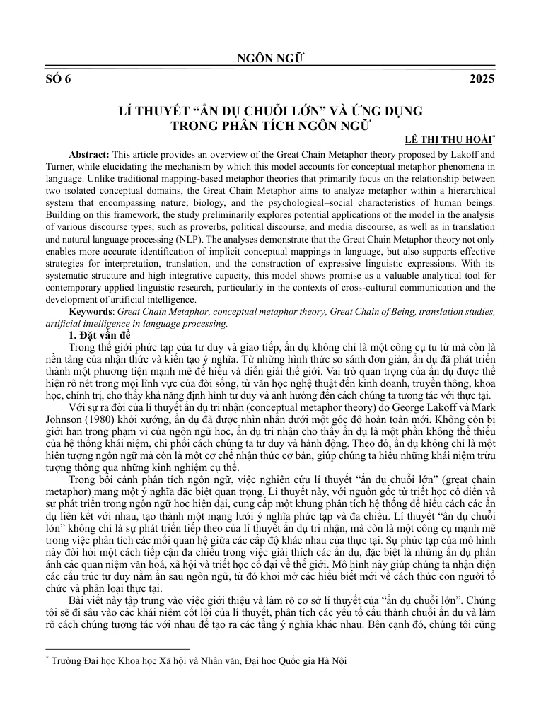 Lí thuyết “ẩn dụ chuỗi lớn” và ứng dụng trong phân tích ngôn ngữ