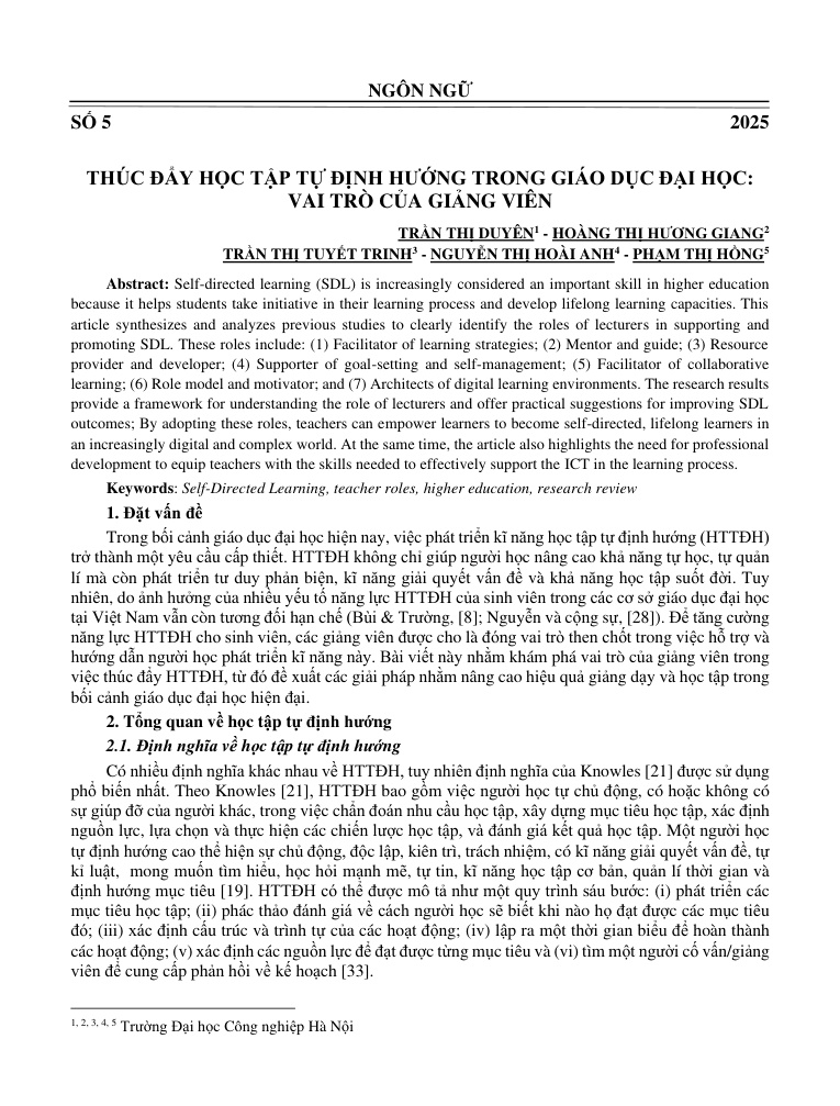 Thúc đẩy học tập tự định hướng trong giáo dục đại học: Vai trò của giảng viên