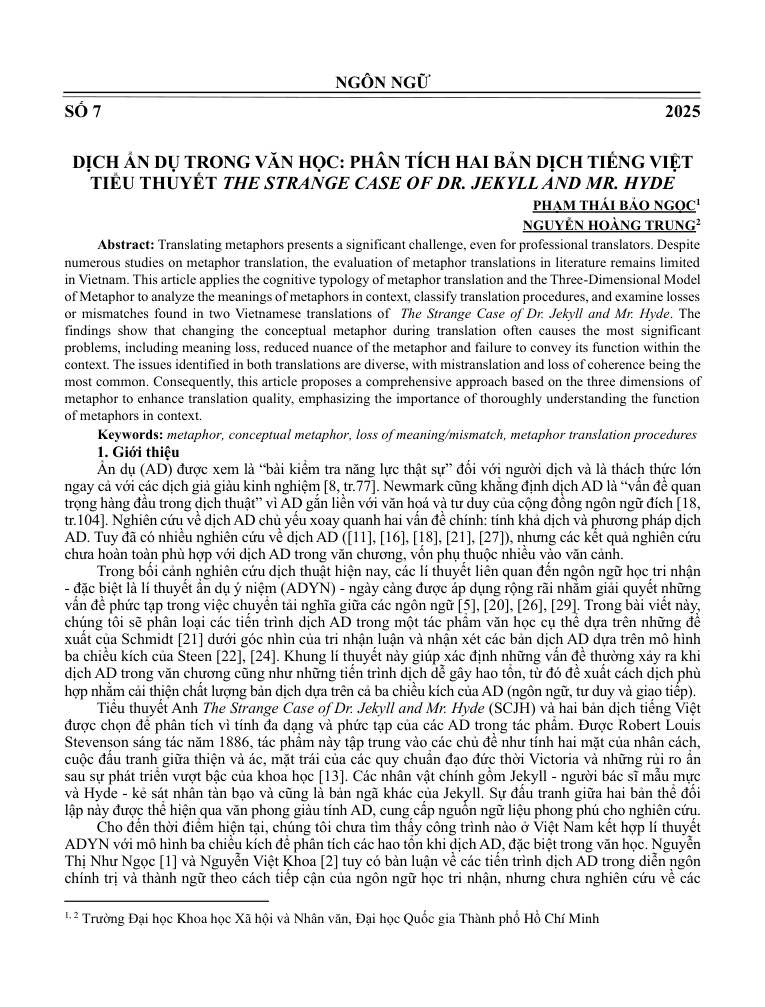 Dịch ẩn dụ trong văn học: Phân tích hai bản dịch tiếng Việt tiểu thuyết The Strange Case of Dr. Jekyll and Mr. Hyde