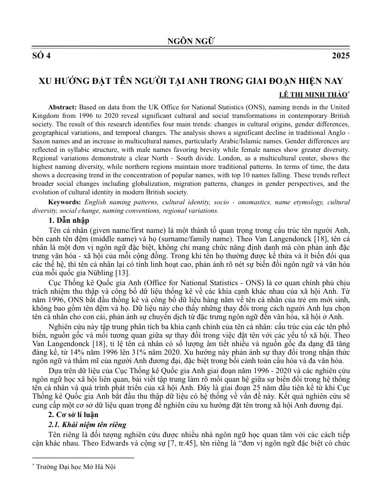 Xu hướng đặt tên người tại Anh trong giai đoạn hiện nay
