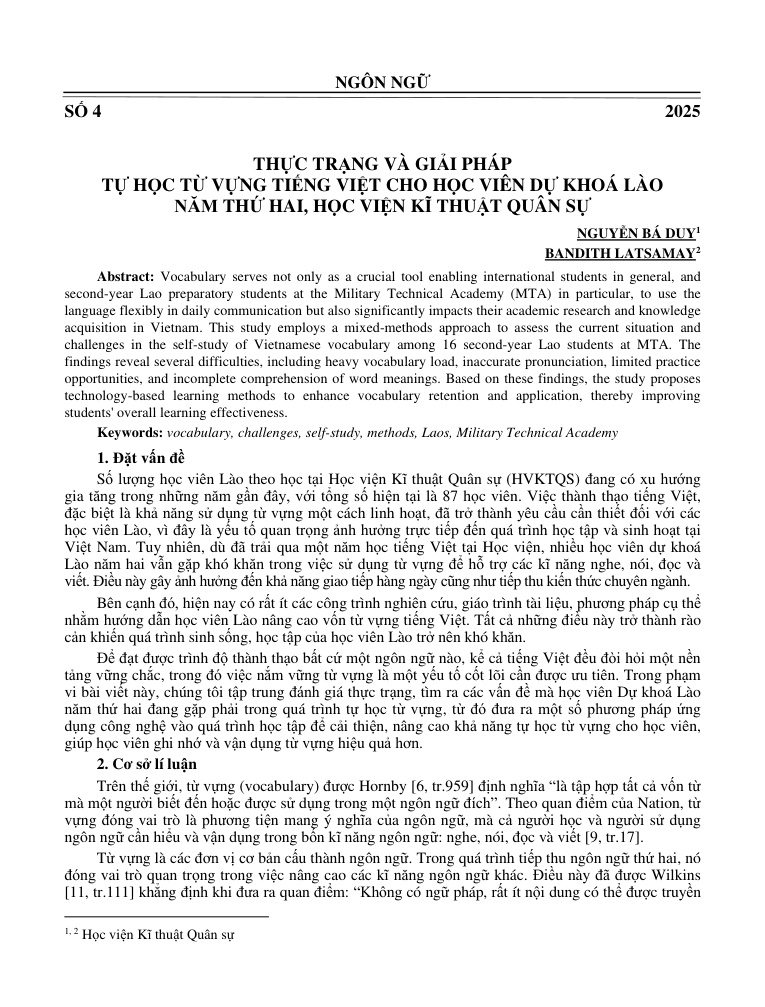 Thực trạng và giải pháp tự học từ vựng tiếng Việt cho học viên Dự khoá Lào năm thứ hai, Học viện Kĩ thuật Quân sự