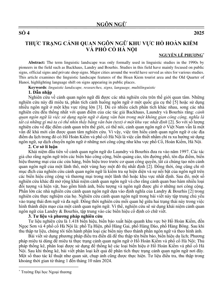 Thực trạng cảnh quan ngôn ngữ khu vực hồ Hoàn Kiếm và phố cổ Hà Nội