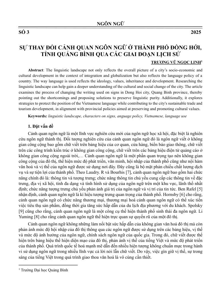 Sự thay đổi cảnh quan ngôn ngữ ở thành phố Đồng Hới, tỉnh Quảng Bình qua các giai đoạn lịch sử