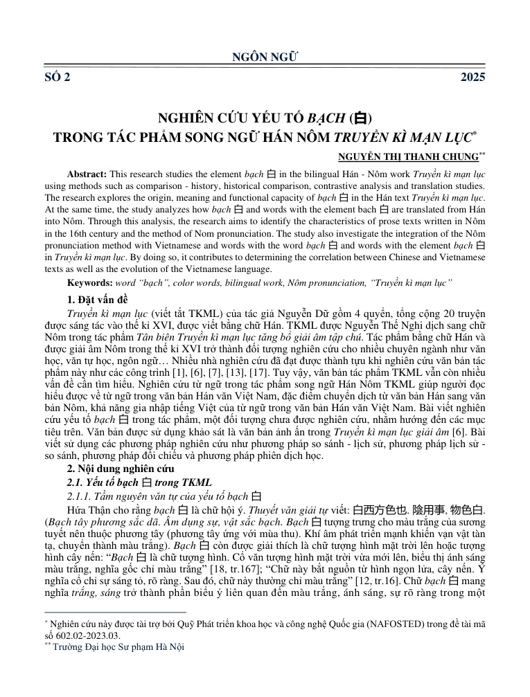 Nghiên cứu yếu tố bạch (白) trong tác phẩm song ngữ Hán Nôm Truyền kì mạn lục