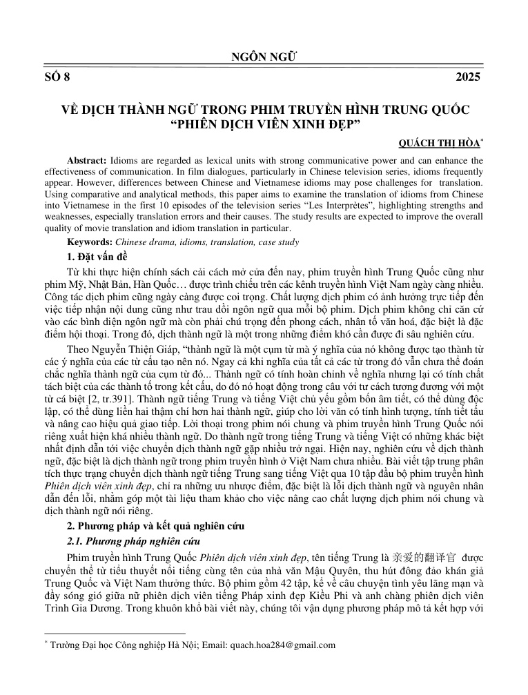 Về dịch thành ngữ trong phim truyền hình Trung Quốc “Phiên dịch viên xinh đẹp”