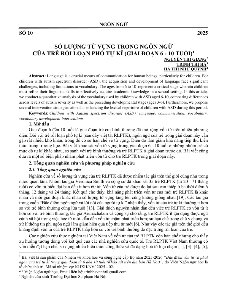 Số lượng từ vựng trong ngôn ngữ của trẻ rối loạn phổ tự kỉ (giai đoạn 6 - 10 tuổi)