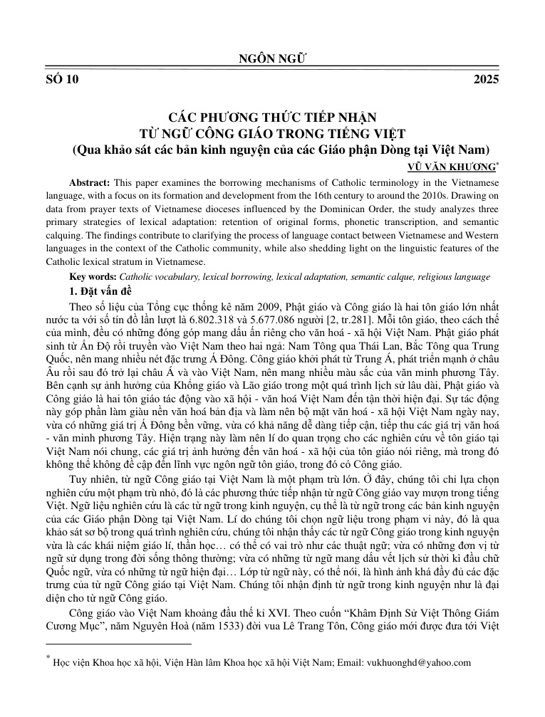 Các phương thức tiếp nhận từ ngữ Công giáo vay mượn trong tiếng Việt (Qua khảo sát các bản kinh nguyện của các Giáo phận Dòng tại Việt Nam)