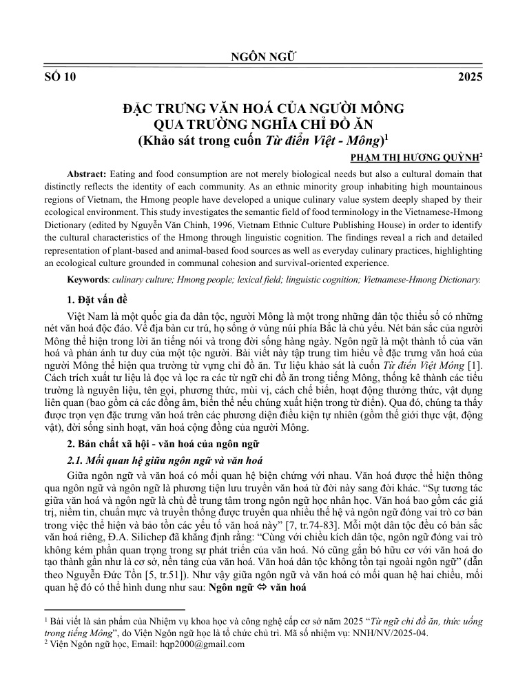 Đặc trưng văn hóa của người Mông qua trường nghĩa chỉ đồ ăn (Khảo sát trong cuốn Từ điển Việt - Mông)