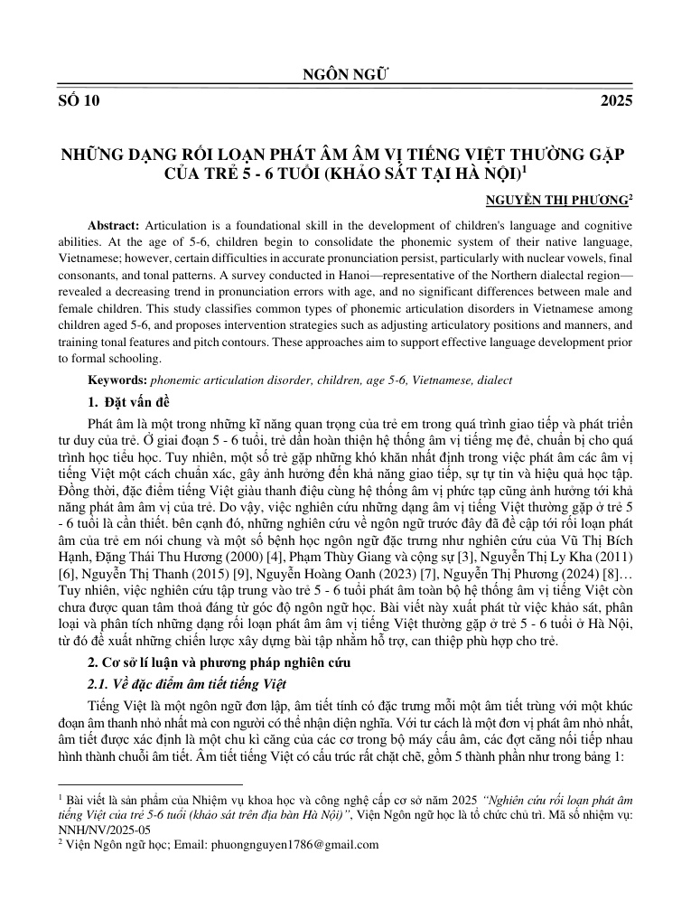Những dạng rối loạn phát âm âm vị tiếng Việt thường gặp của trẻ 5 - 6 tuổi (Khảo sát tại Hà Nội)