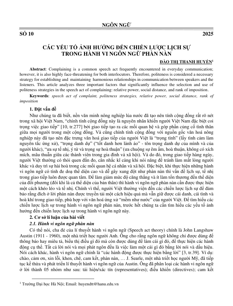 Các yếu tố ảnh hưởng đến chiến lược lịch sự trong hành vi ngôn ngữ phàn nàn
