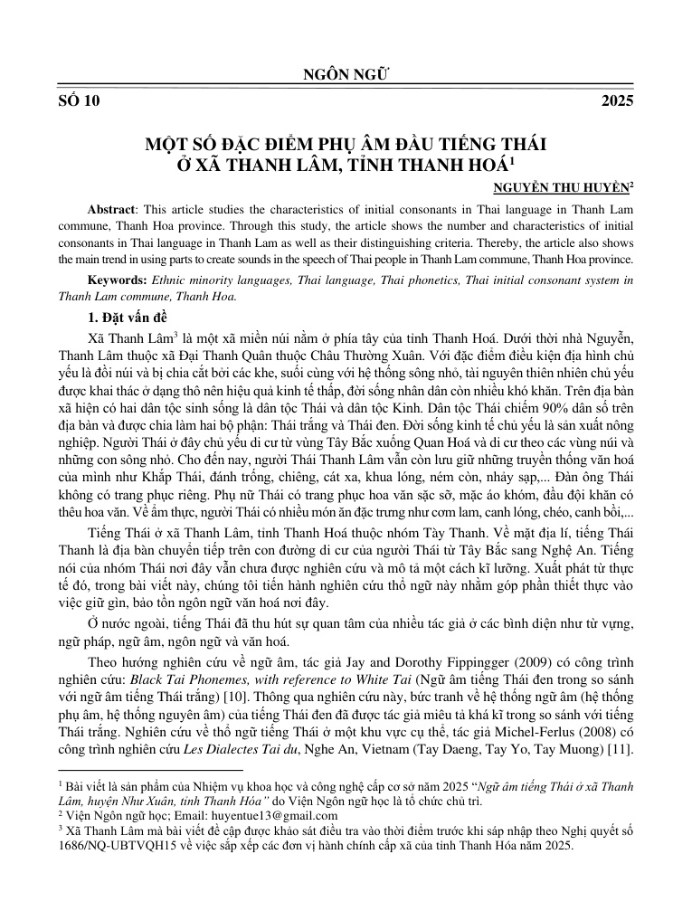 Một số đặc điểm phụ âm đầu tiếng Thái ở xã Thanh Lâm, tỉnh Thanh Hóa