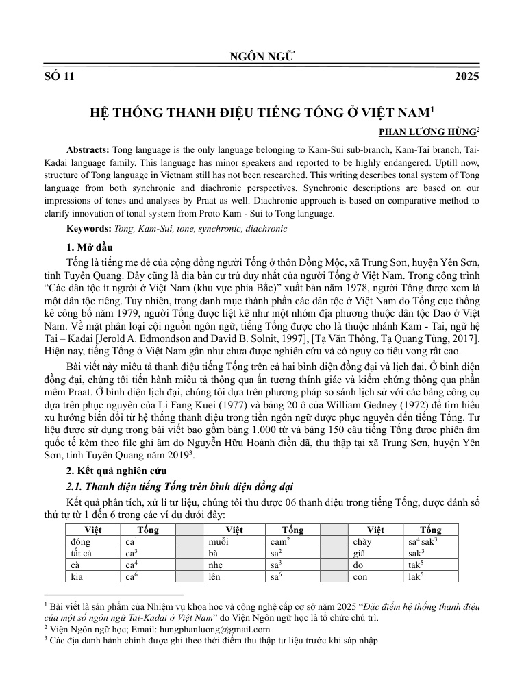 Hệ thống thanh điệu tiếng Tống ở Việt Nam