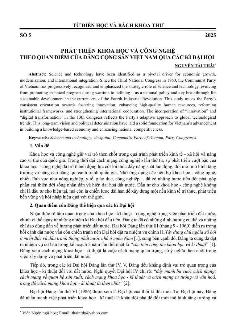 Phát triển khoa học và công nghệ theo quan điểm của Đảng Cộng sản Việt Nam qua các kì Đại hội