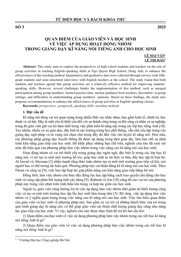 Quan điểm của giáo viên và học sinh về việc áp dụng hoạt động nhóm trong giảng dạy kĩ năng nói tiếng Anh cho học sinh