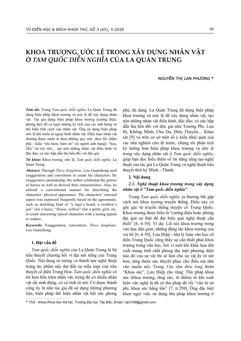 KHOA TRƯƠNG, ƯỚC LỆ TRONG XÂY DỰNG NHÂN VẬT Ở TAM QUỐC DIỄN NGHĨA CỦA LA QUÁN TRUNG