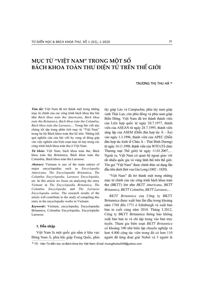 Mục từ "Việt Nam" trong một số Bách khoa toàn thư điện tử trên thế giới