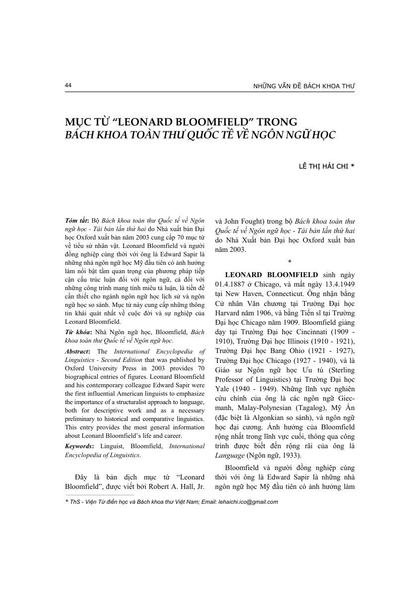 MỤC TỪ “LEONARD BLOOMFIELD” TRONG BÁCH KHOA TOÀN THƯ QUỐC TẾ VỀ NGÔN NGỮ HỌC