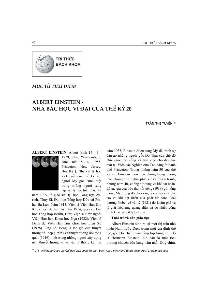 ALBERT EINSTEIN - NHÀ BÁC HỌC VĨ ĐẠI CỦA THẾ KỶ 20