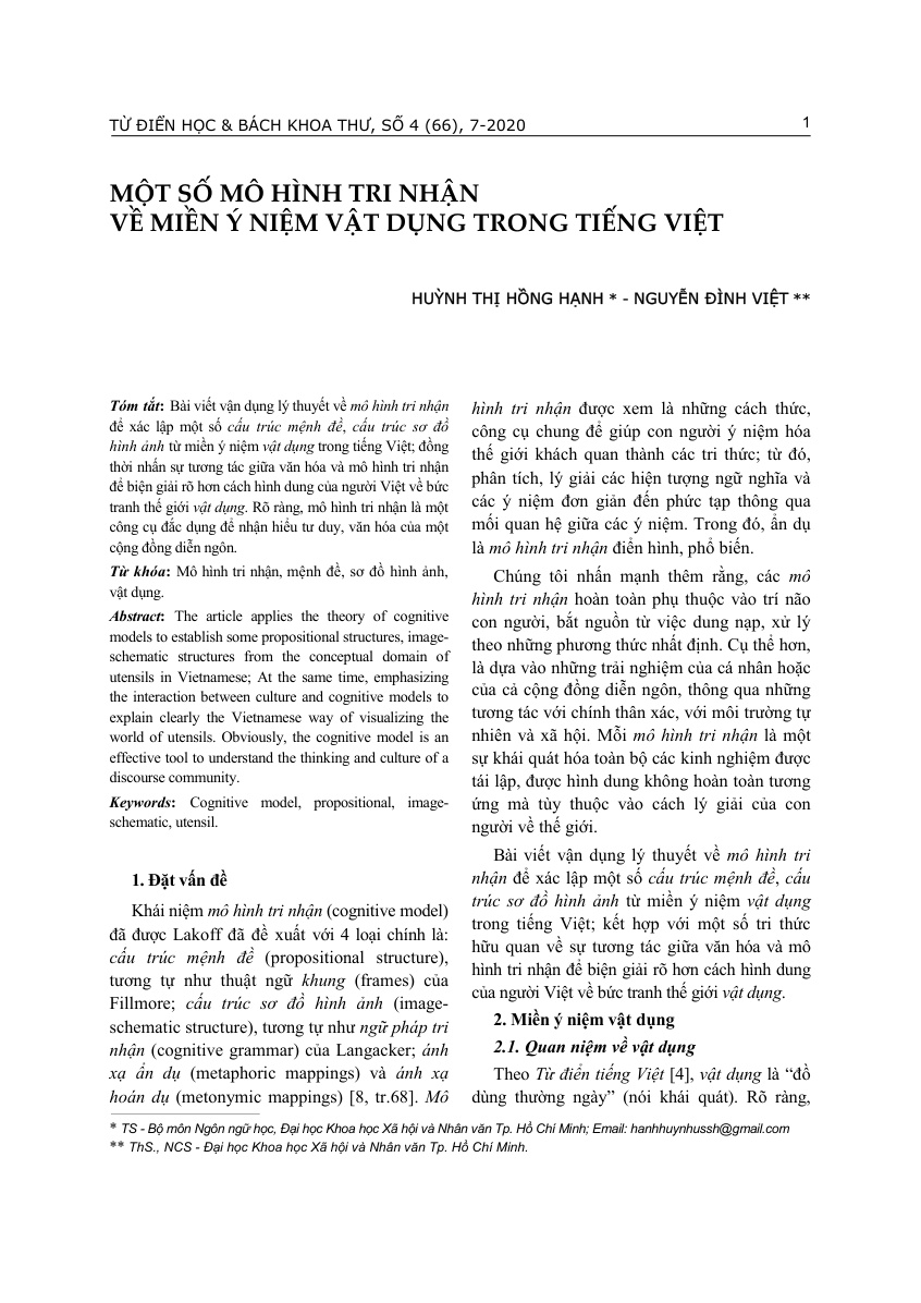 MỘT SỐ MÔ HÌNH TRI NHẬN  VỀ MIỀN Ý NIỆM VẬT DỤNG TRONG TIẾNG VIỆT