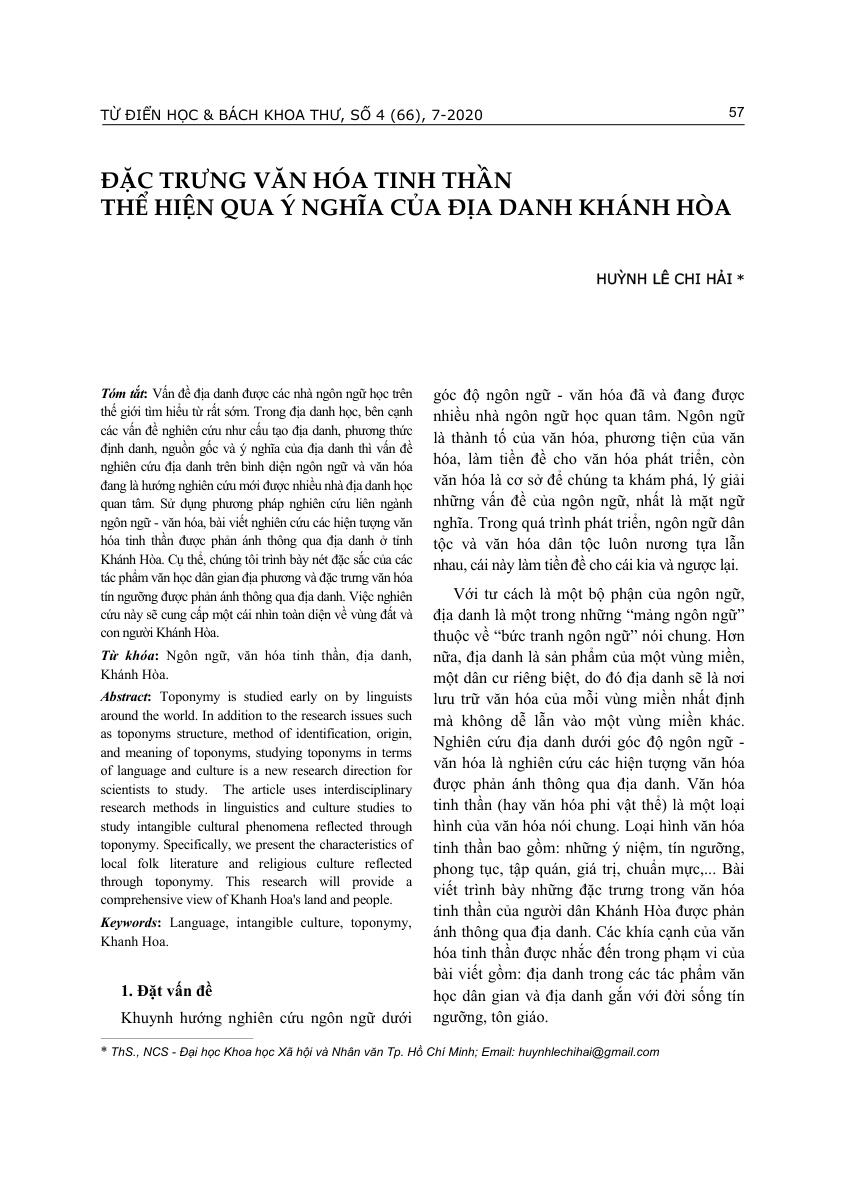 ĐẶC TRƯNG VĂN HÓA TINH THẦN THỂ HIỆN QUA Ý NGHĨA CỦA ĐỊA DANH KHÁNH HÒA