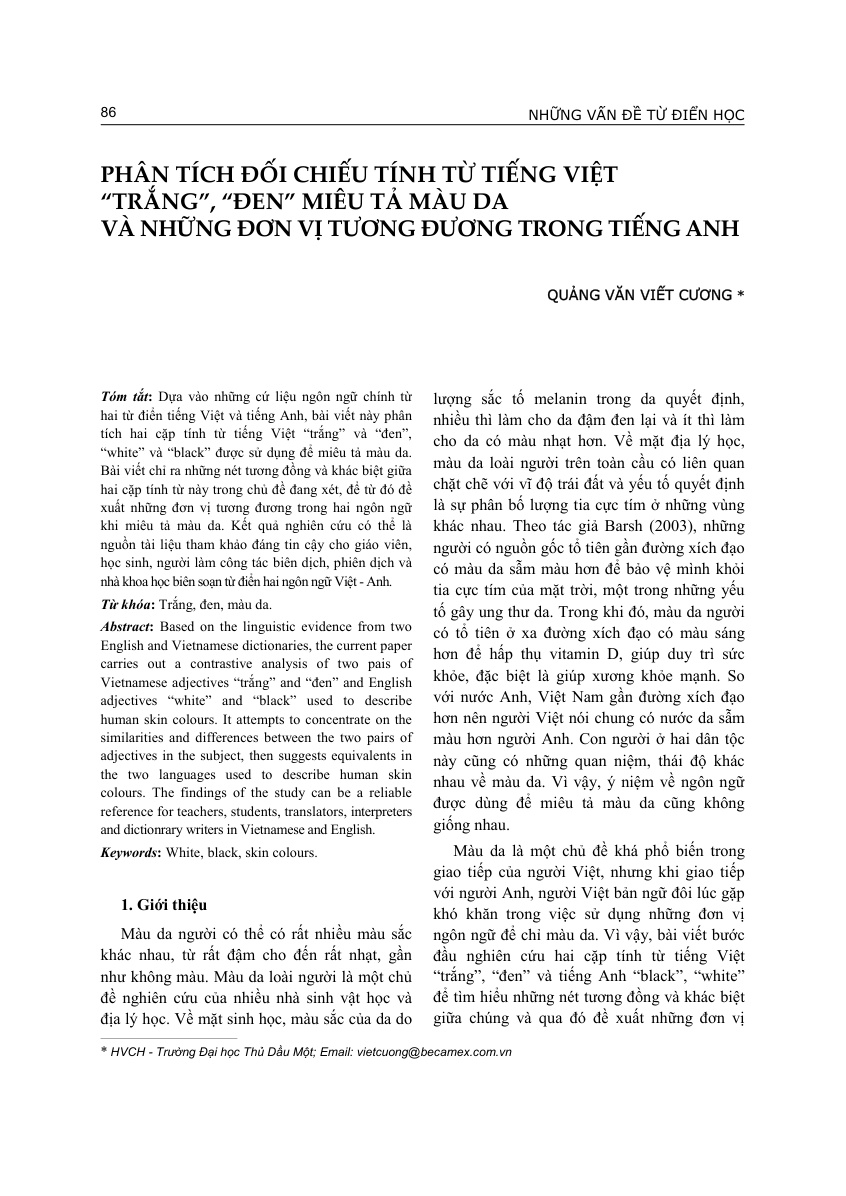 PHÂN TÍCH ĐỐI CHIẾU TÍNH TỪ TIẾNG VIỆT  “TRẮNG”, “ĐEN” MIÊU TẢ MÀU DA VÀ NHỮNG ĐƠN VỊ TƯƠNG ĐƯƠNG TRONG TIẾNG ANH