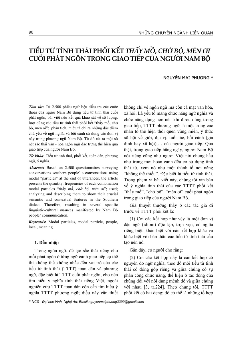 TIỂU TỪ TÌNH THÁI PHỐI KẾT THẤY MỒ, CHỚ BỘ, MÈN ƠI  CUỐI PHÁT NGÔN TRONG GIAO TIẾP CỦA NGƯỜI NAM BỘ