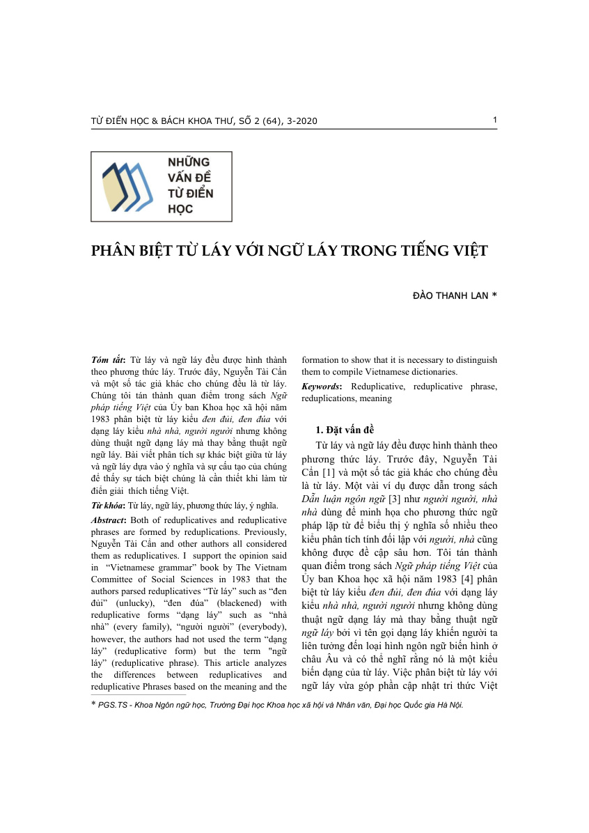 PHÂN BIỆT TỪ LÁY VỚI NGỮ LÁY TRONG TIẾNG VIỆT