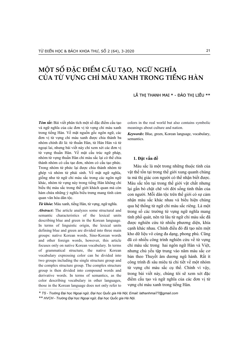 MỘT SỐ ĐẶC ĐIỂM CẤU TẠO,  NGỮ NGHĨA  CỦA TỪ VỰNG CHỈ MÀU XANH TRONG TIẾNG HÀN