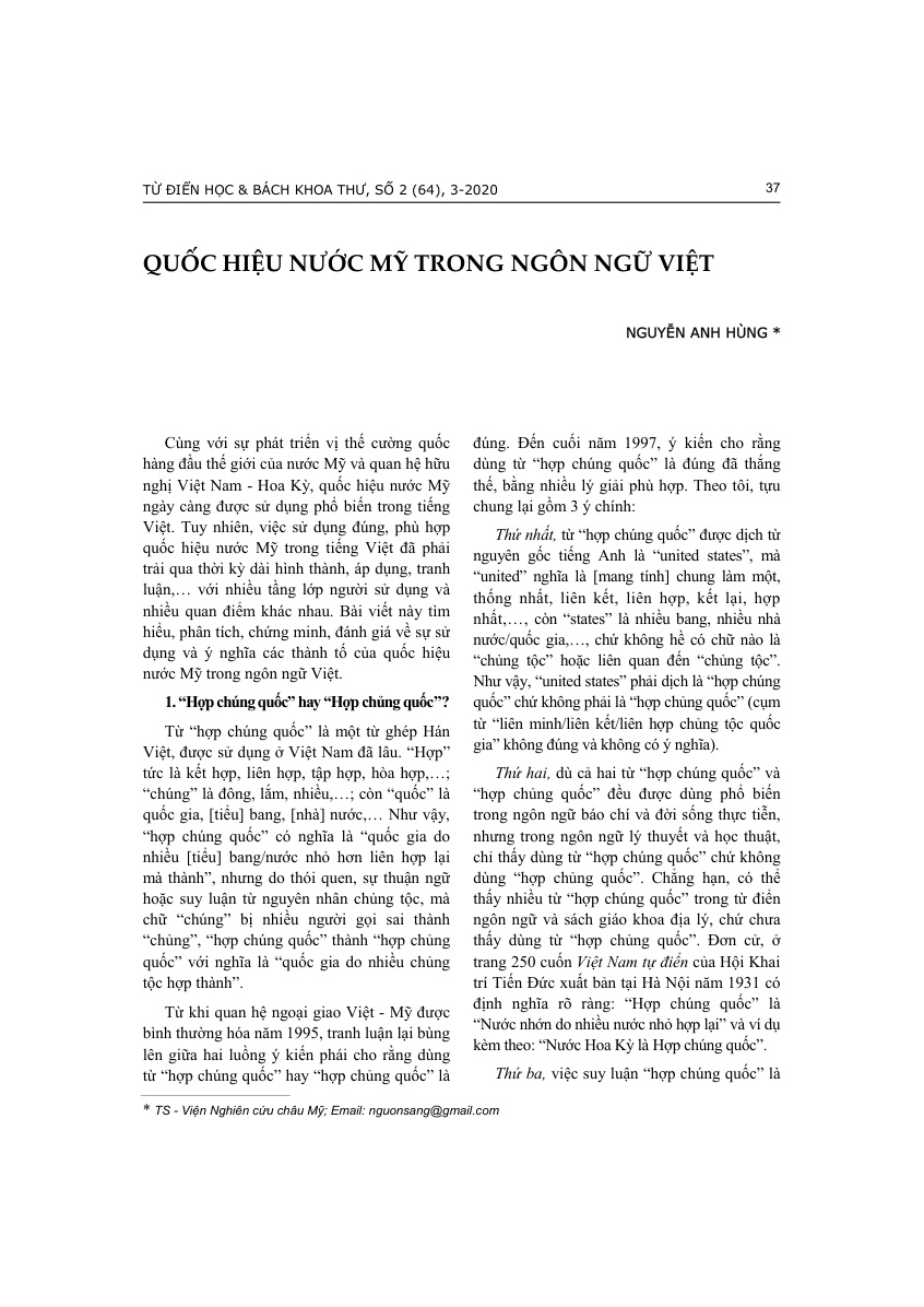 QUỐC HIỆU NƯỚC MỸ TRONG NGÔN NGỮ VIỆT