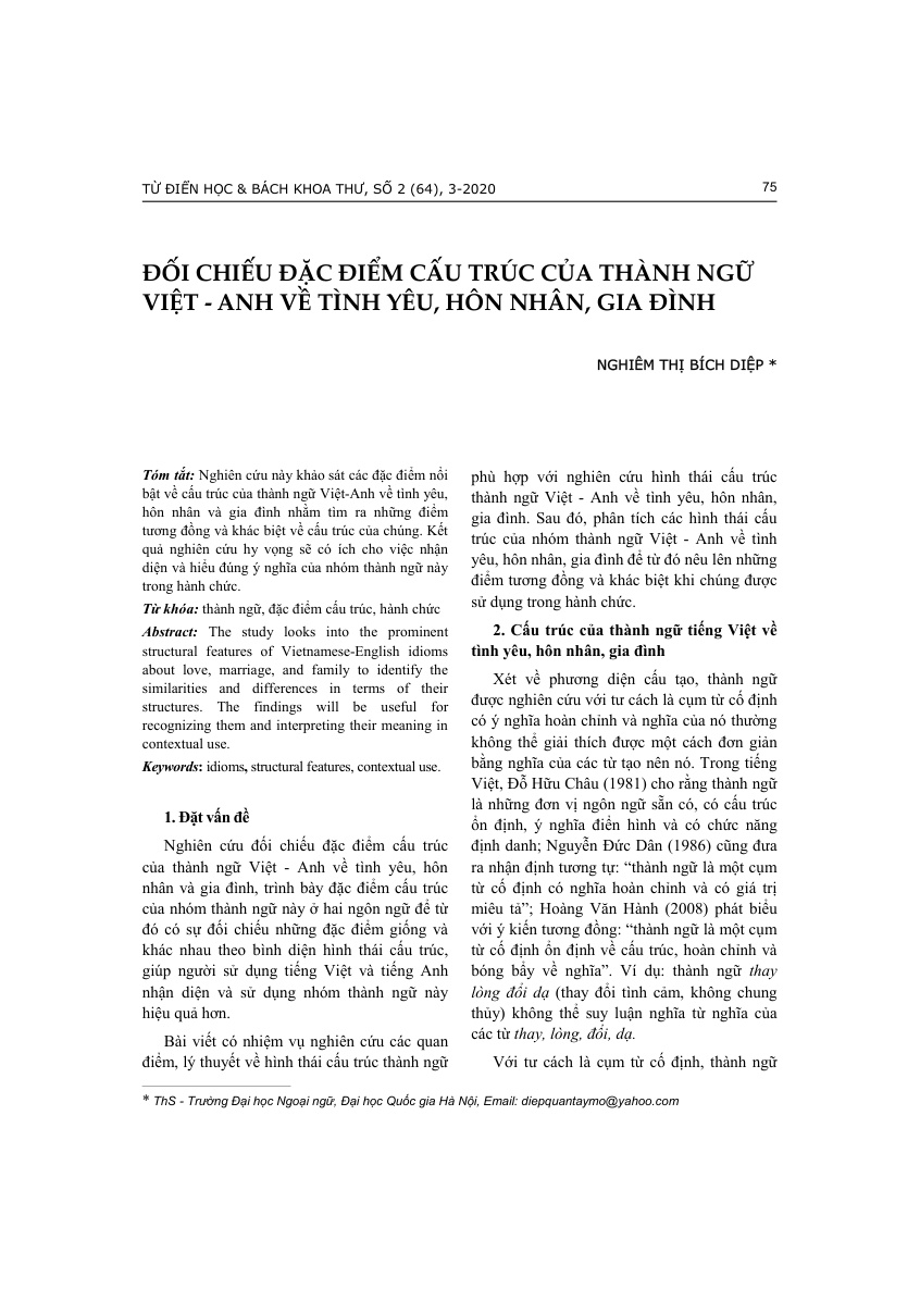 ĐỐI CHIẾU ĐẶC ĐIỂM CẤU TRÚC CỦA THÀNH NGỮ VIỆT - ANH  VỀ TÌNH YÊU, HÔN NHÂN, GIA ĐÌNH
